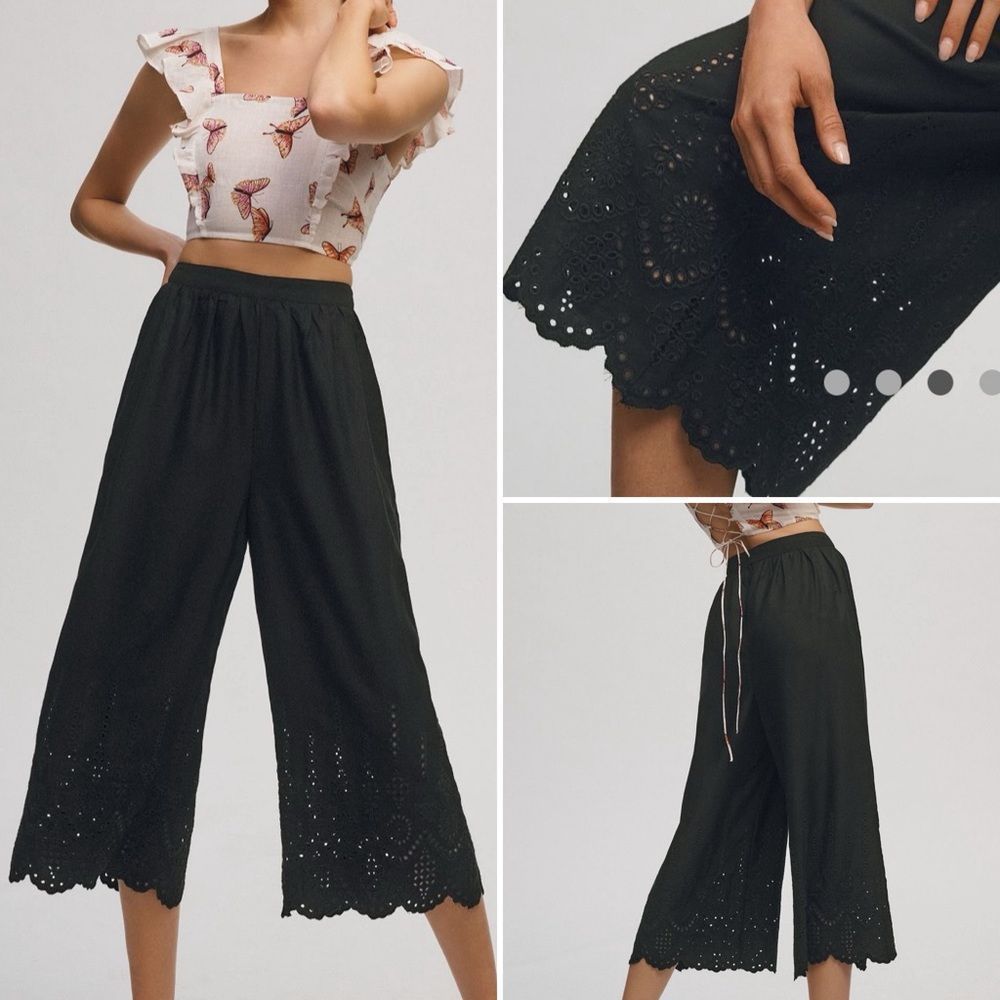 Anthropologie Black Eyelet Cropped Wide-Leg Pants